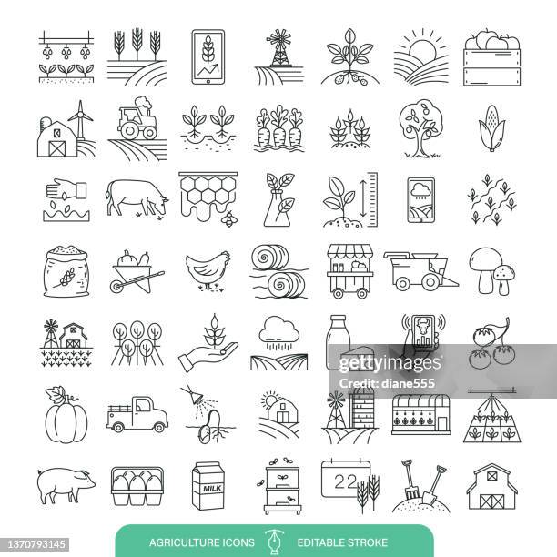 ilustraciones, imágenes clip art, dibujos animados e iconos de stock de icono de línea de agricultura establecido sobre un fondo transparente - cultivo