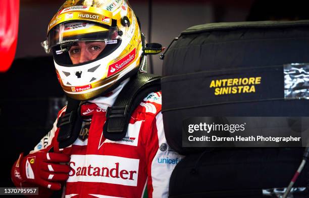 Spanish Scuderia Ferrari Formula One team racing driver Fernando Alonso standing in the team's pit lane, pit garage next to Pirelli P Zero tyres...