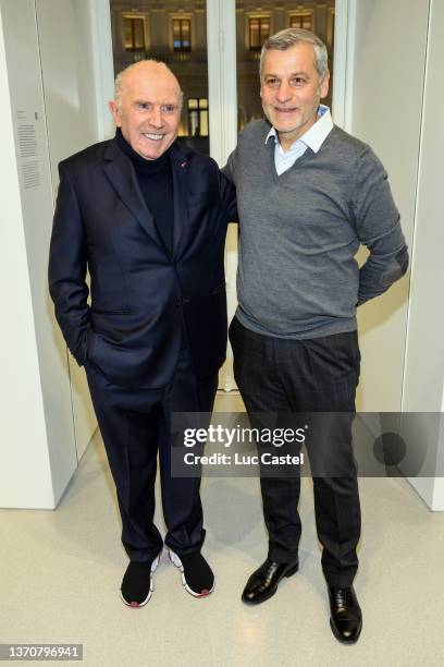 Francois Pinault and Bruno Genesio attend the opening of the Charles Ray exhibition at La Bourse de Commerce on February 15, 2022 in Paris, France.