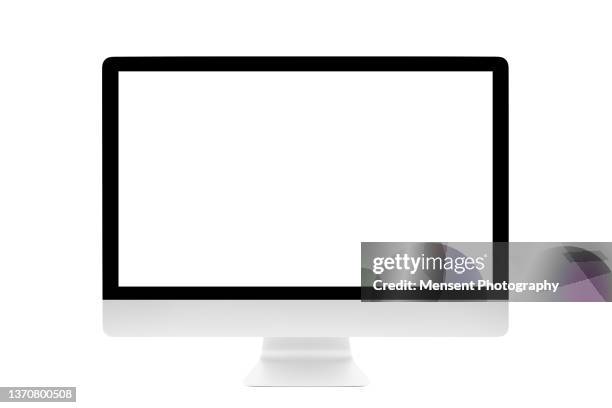 blank pc monitor mockup with white screen isolated on white background - mobile advertising stock-fotos und bilder