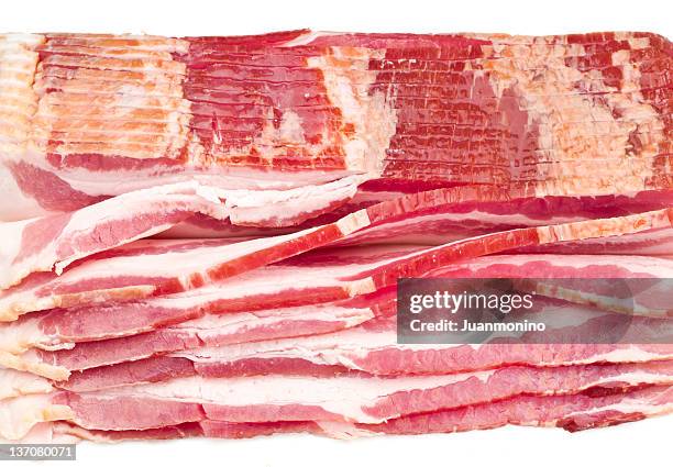 cured, smoked raw bacon slices - bacon strip stock pictures, royalty-free photos & images