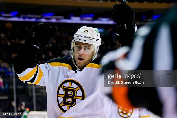 Charlie Coyle of the Boston Bruins celebrates after scoring a goal against the New York Rangers during the first period at Madison Square Garden on...