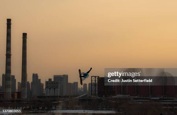 Miyabi Onitsuka of Team Japan performs a trick in practice ahead of the Women's Snowboard Big Air final on Day 11 of the Beijing Winter Olympics at...