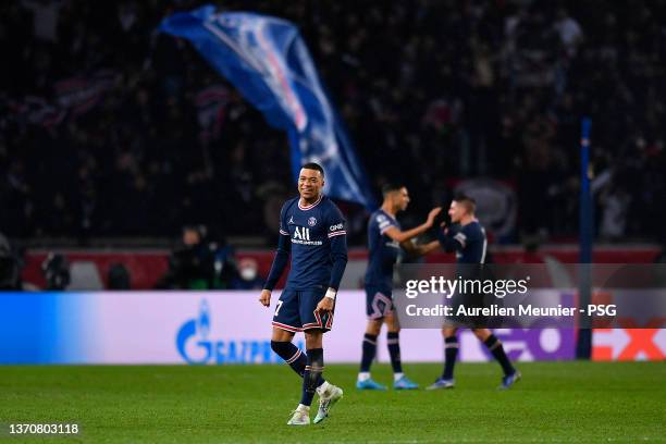 Kylian Mbappe of Paris Saint-Germain looks on during the UEFA Champions League Round Of Sixteen Leg One match between Paris Saint-Germain and Real...