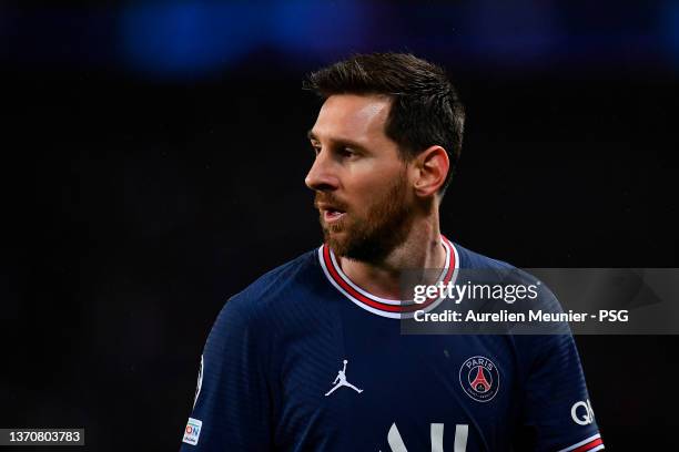 Leo Messi of Paris Saint-Germain looks on during the UEFA Champions League Round Of Sixteen Leg One match between Paris Saint-Germain and Real Madrid...