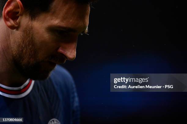 Leo Messi of Paris Saint-Germain looks on during the UEFA Champions League Round Of Sixteen Leg One match between Paris Saint-Germain and Real Madrid...