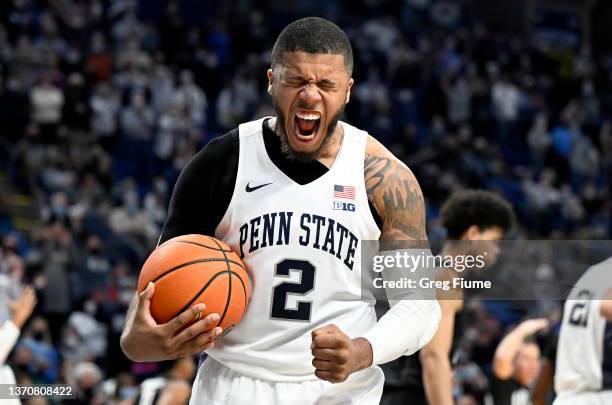 Myles Dread of the Penn State Nittany Lions celebrates after a defensive stop in the second half against the Michigan State Spartans at Bryce Jordan...