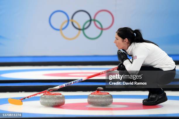 Eve Muirhead of Team Great Britain competes against Team China during the Women's Round Robin Session on Day 12 of the Beijing 2022 Winter Olympic...