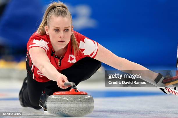 Dawn McEwen of Team Canada competes against Team United States during the Women's Round Robin Session on Day 12 of the Beijing 2022 Winter Olympic...