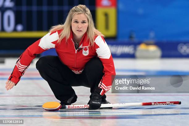 Jennifer Jones of Team Canada reacts against Team United States during the Women's Round Robin Session on Day 12 of the Beijing 2022 Winter Olympic...