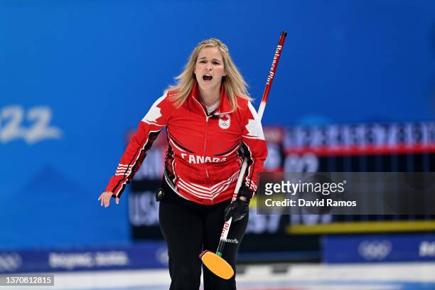 Jennifer Jones of Team Canada reacts against Team United States during the Women's Round Robin Session on Day 12 of the Beijing 2022 Winter Olympic...