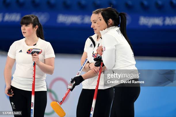 Hailey Duff, Jennifer Dodds and Eve Muirhead of Team Great Britain compete against Team China during the Women's Round Robin Session on Day 12 of the...