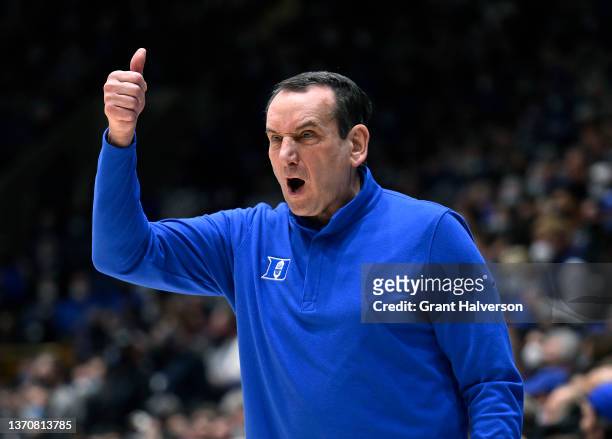 Head coach Mike Krzyzewski of the Duke Blue Devils directs his team against the Wake Forest Demon Deacons during the first half at Cameron Indoor...