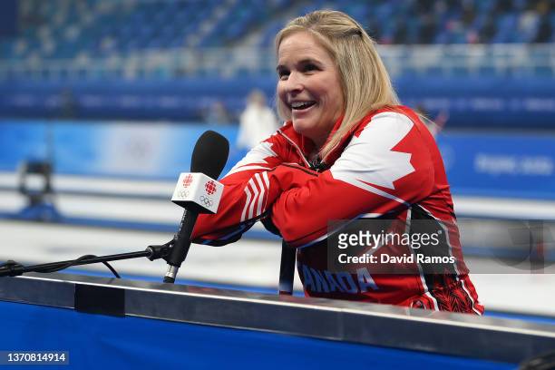 Jennifer Jones of Team Canada talks during an interview against Team United States during the Women's Round Robin Session on Day 12 of the Beijing...