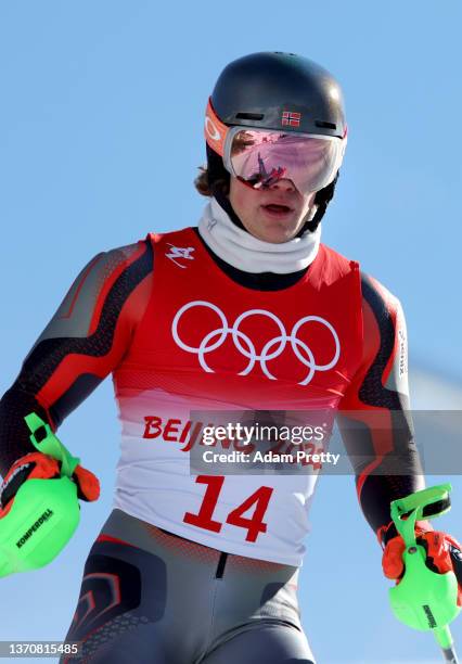 Lucas Braathen of Team Norway reacts after he is unable to finish his run during the Men's Slalom Run 1 on day 12 of the Beijing 2022 Winter Olympic...