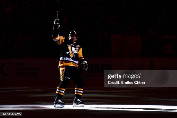 Sidney Crosby of the Pittsburgh Penguins is introduced as one of the three stars of the game after an overtime win against the Philadelphia Flyers at...