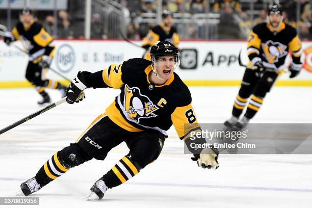 Sidney Crosby of the Pittsburgh Penguins reacts during the third period against the Philadelphia Flyers at PPG PAINTS Arena on February 15, 2022 in...