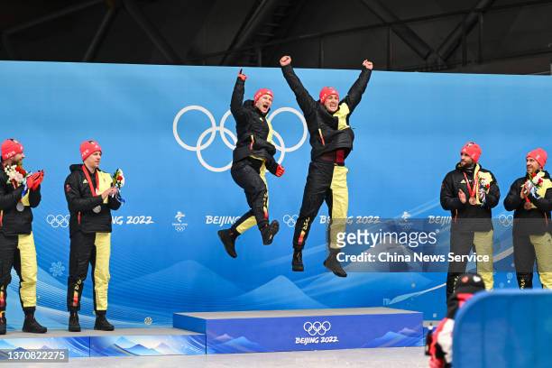 Gold medallists Francesco Friedrich and Thorsten Margis of Team Germany , Silver medallists Johannes Lochner and Florian Bauer of Team Germany and...