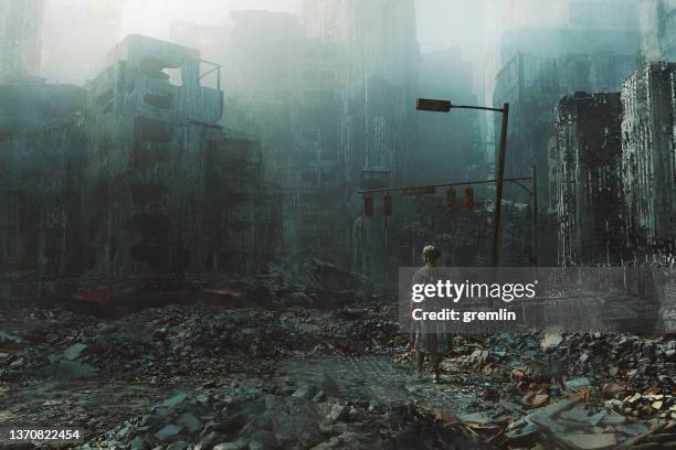 apocalyptic city war zone - building destruction stock pictures, royalty-free photos & images