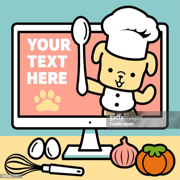 a cute dog chef wearing a chef's hat and holding a spoon and sharing recipes on a computer monitor - kawaii food stock illustrations