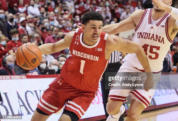 Johnny Davis of the Wisconsin Badgers dribbles the ball during the game against the Indiana Hoosiers at Simon Skjodt Assembly Hall on February 15,...