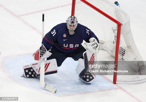 Goaltender Strauss Mann of Team United States defends his net in the second period during the Men’s Ice Hockey Quarterfinal match between Team United...
