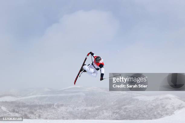 Colby Stevenson of Team United States performs a trick on a practice run ahead of the Men's Freestyle Skiing Freeski Slopestyle Qualification on Day...