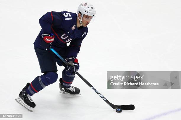 Andy Miele of Team United States stickhandles the puck in the third period during the Men’s Ice Hockey Quarterfinal match between Team United States...