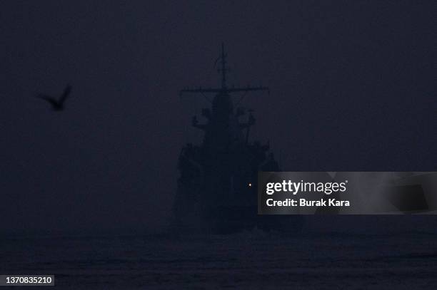 The Russian Navy’s Bykov class corvette Dmitry Rogachev travels through Bosphorus en route to the Black Sea on February 16, 2022 in Istanbul, Turkey....