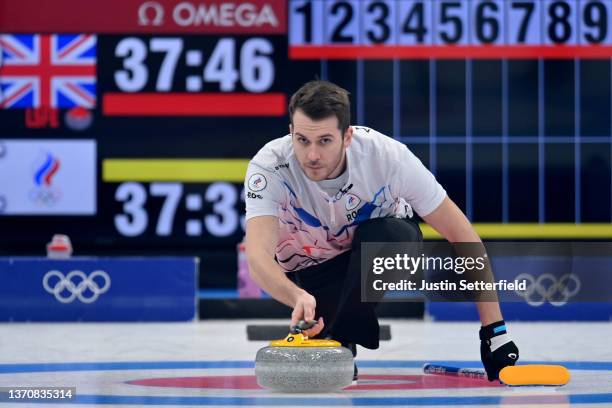 Dmitrii Mironov of Team ROC competes against Team Great Britain during the Men's Round Robin Session on Day 12 of the Beijing 2022 Winter Olympic...