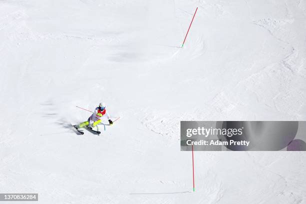 Albert Popov of Team Bulgaria skis during the Men's Slalom Run 2 on day 12 of the Beijing 2022 Winter Olympic Games at National Alpine Ski Centre on...