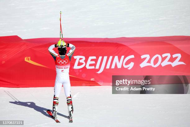 Linus Strasser of Team Germany reacts following his run during the Men's Slalom Run 2 on day 12 of the Beijing 2022 Winter Olympic Games at National...