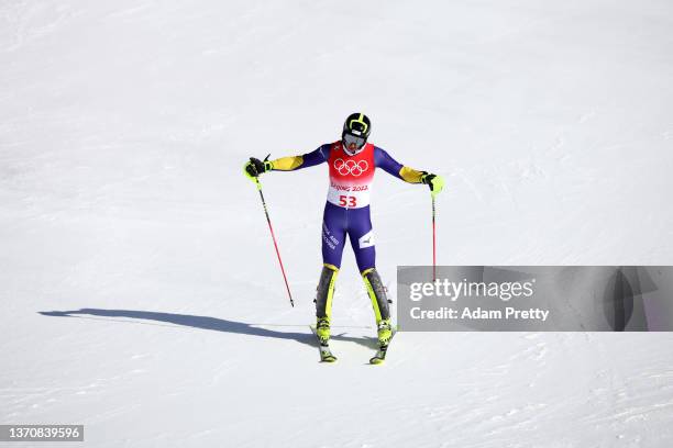 Emir Lokmic of Team Bosnia and Herzegovina reacts following his run during the Men's Slalom Run 2 on day 12 of the Beijing 2022 Winter Olympic Games...