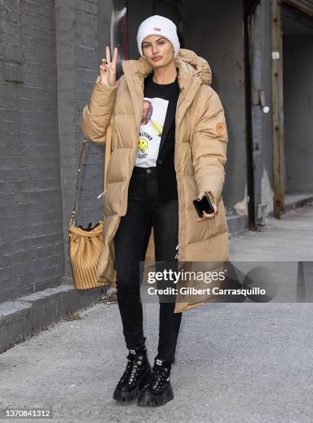 Model Isabeli Fontana is seen arriving at Michael Kors Collection Fall/Winter 2022 Fashion Show at Terminal 5 during New York Fashion Week on...