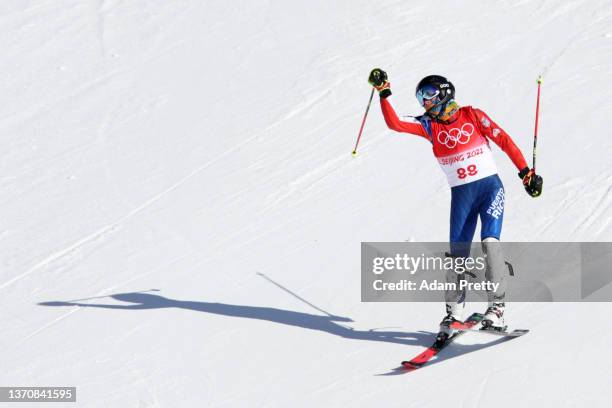 William C. Flaherty of Team Puerto Rico reacts following his run during the Men's Slalom Run 2 on day 12 of the Beijing 2022 Winter Olympic Games at...