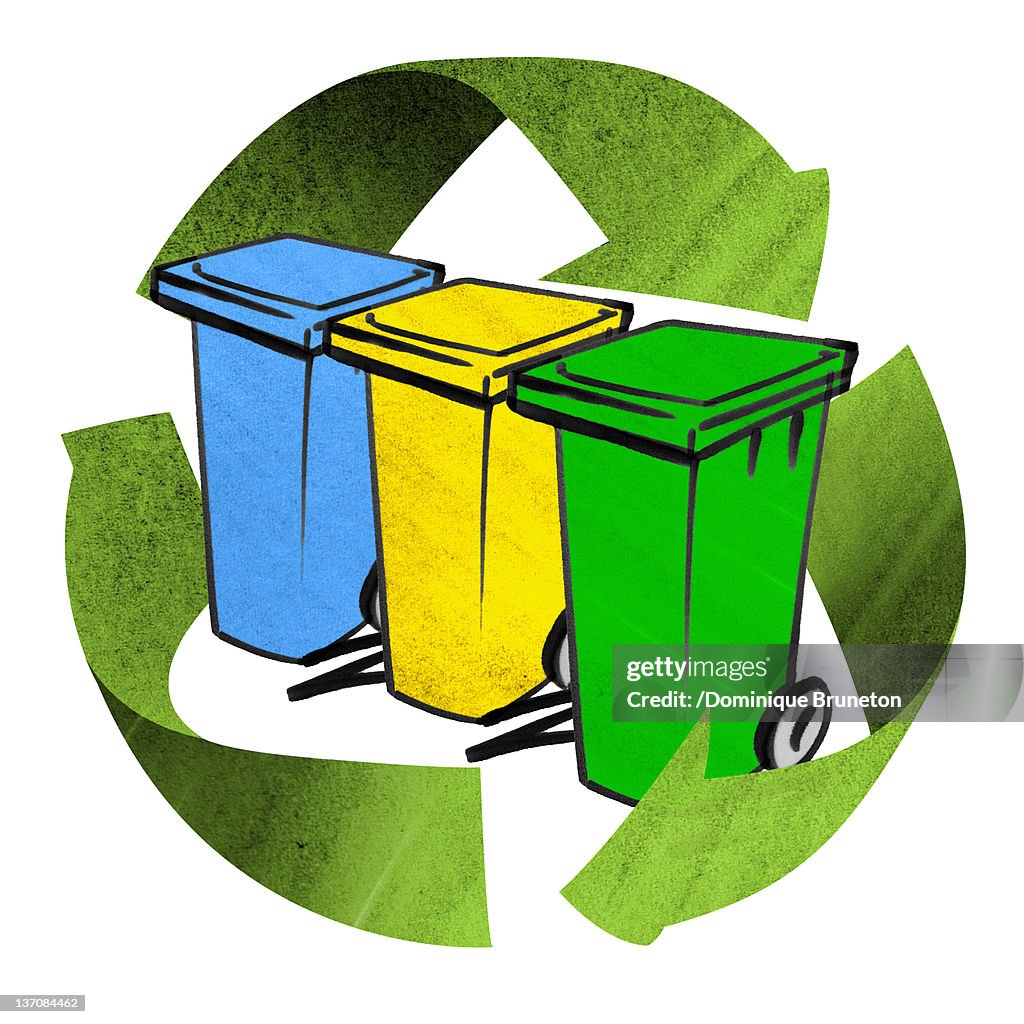 Recycling symbol enveloping color-coded garbage cans