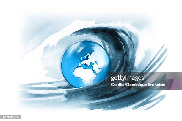ilustraciones, imágenes clip art, dibujos animados e iconos de stock de surf engulfing planet earth - tsunami