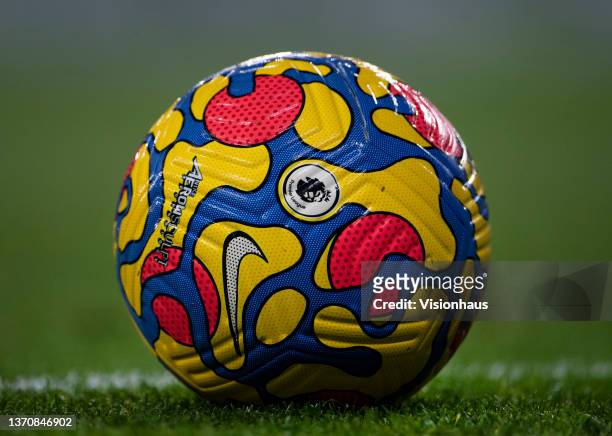 The official Premier League match ball by Nike during the Premier League match between Manchester City and Brentford at Etihad Stadium on February 9,...