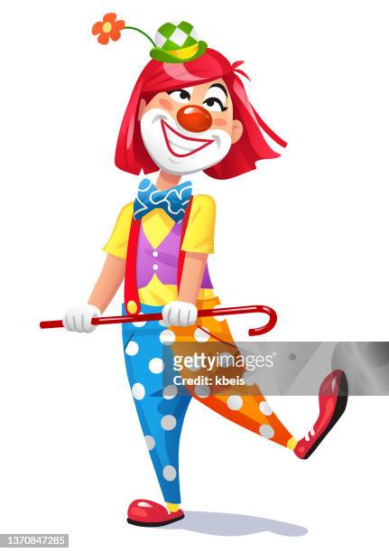 cheerful female clown dancing - joker stock illustrations