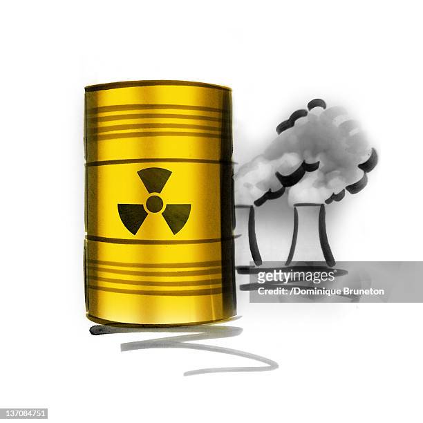 nuclear waste, nuclear reactor in background - toxic waste stock illustrations