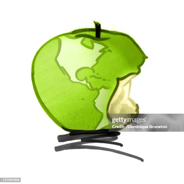 globe in form of apple, missing bite on south america continent - apple bite out stock illustrations