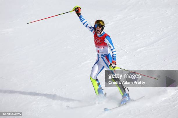 Gold medalist Clement Noel of Team France reacts following his run during the Men's Slalom Run 2 on day 12 of the Beijing 2022 Winter Olympic Games...