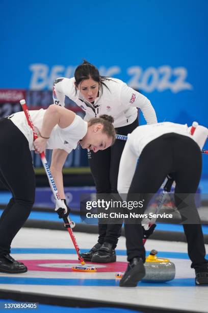 Eve Muirhead and Jennifer Dodds of Team Great Britain compete against Team China during the Women's Round Robin Session on Day 12 of the Beijing 2022...