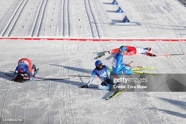 Petra Hyncicova of Team Czech Republic, Lena Quintin of Team France, Lucia Scardoni of Team Italy and Monika Skinder of Team Poland react after...