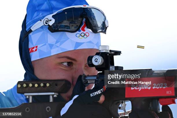 Kristina Reztsova of Team ROC shoots during the second leg of the Women's Biathlon 4x6km Relay on day 12 of 2022 Beijing Winter Olympics at National...