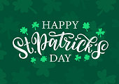 Happy St. Patricks day celtic lettering logo on green clover and shamrock background.