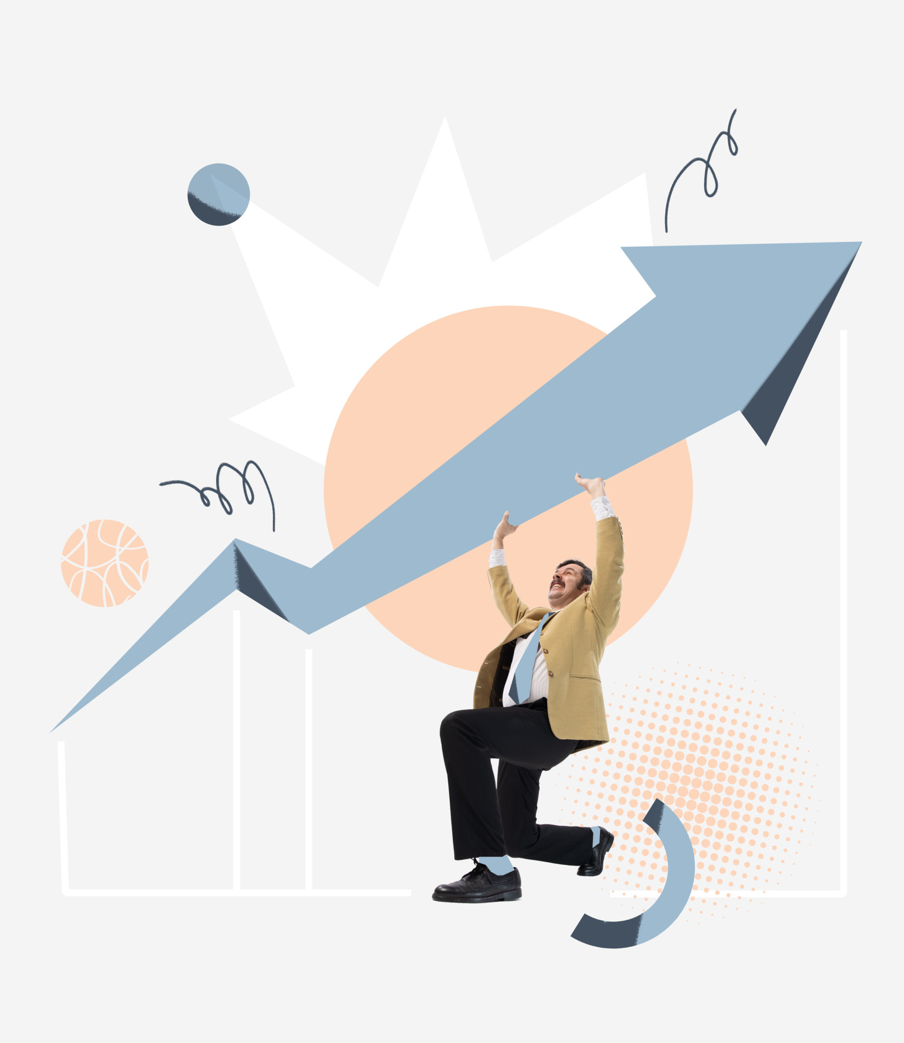 Contemporary art collage. Ambitious man, employee lifting up heavy barbell symbolizing hard way to success Contemporary art collage. Ambitious man, employee lifting up heavy barbell symbolizing hard way to success