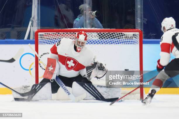 Reto Berra, goaltender Team Switzerland tends net against Team Finland in the first period during the Men’s Ice Hockey Quarterfinal match between...