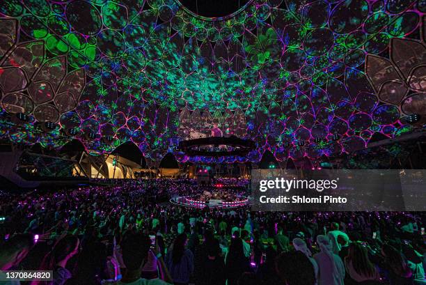 Will Champion, Chris Martin, Jonny Buckland and Guy Berryman of Coldplay perform live on stage at Al Wasl Plaza on February 15, 2022 in Dubai, United...