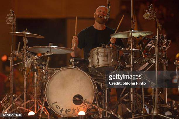 Will Champion of Coldplay performs live on stage at Al Wasl Plaza on February 15, 2022 in Dubai, United Arab Emirates.